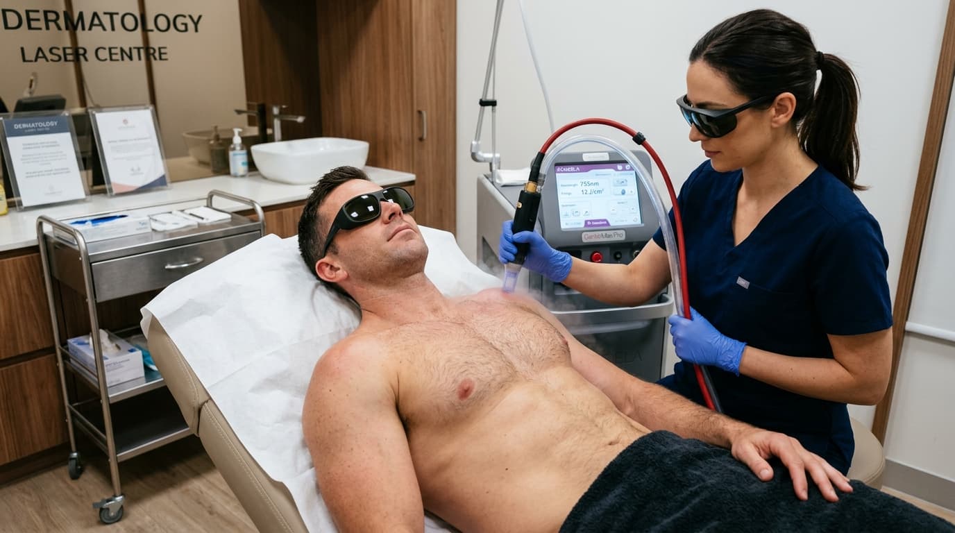 Séance d'épilation laser médicale du torse et des épaules chez un homme avec laser Candela et système cryo