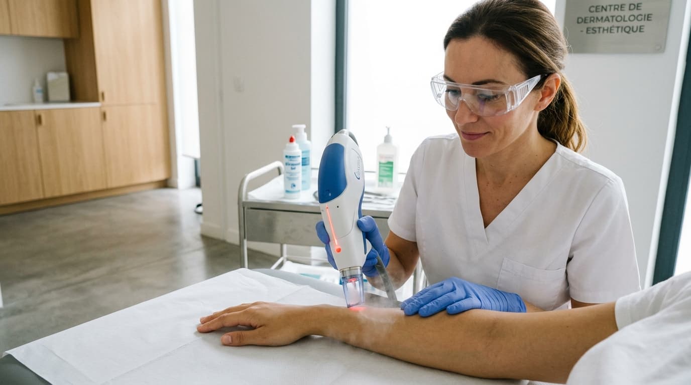 Séance d'épilation laser médicale en cabinet certifié avec lunettes de protection