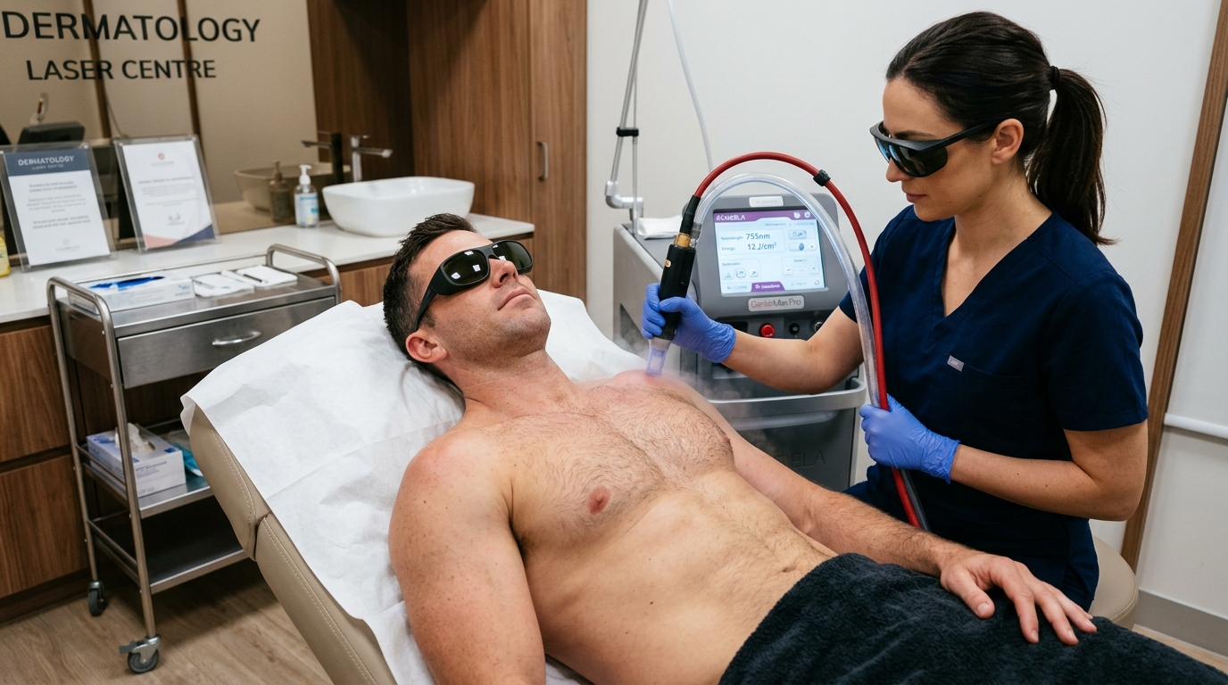 Séance d'épilation laser homme pour barbe / cou masculin avec pièce à main Candela GentleMax Pro